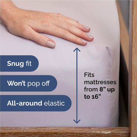 CGK Unlimited detail of fitted sheet deep pocket showing secure fit for up to 16-inch mattresses
