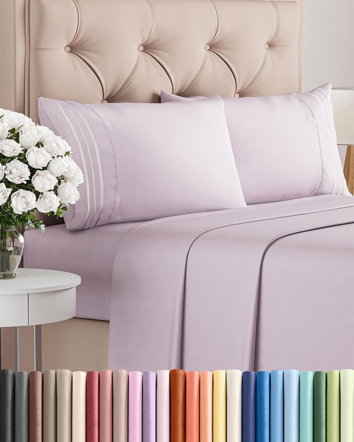 CGK Unlimited front view of light lavender sheet set showing neat presentation and inviting comfort