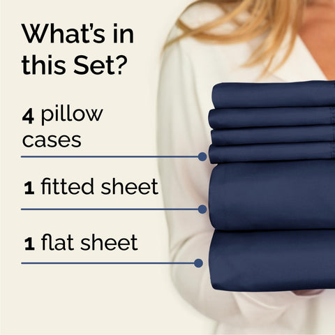 CGK Unlimited navy blue flat sheet fully spread showing generous coverage and smooth look