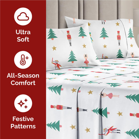 CGK Unlimited flat sheet spread on bed showing full Nutcracker Ballet pattern
