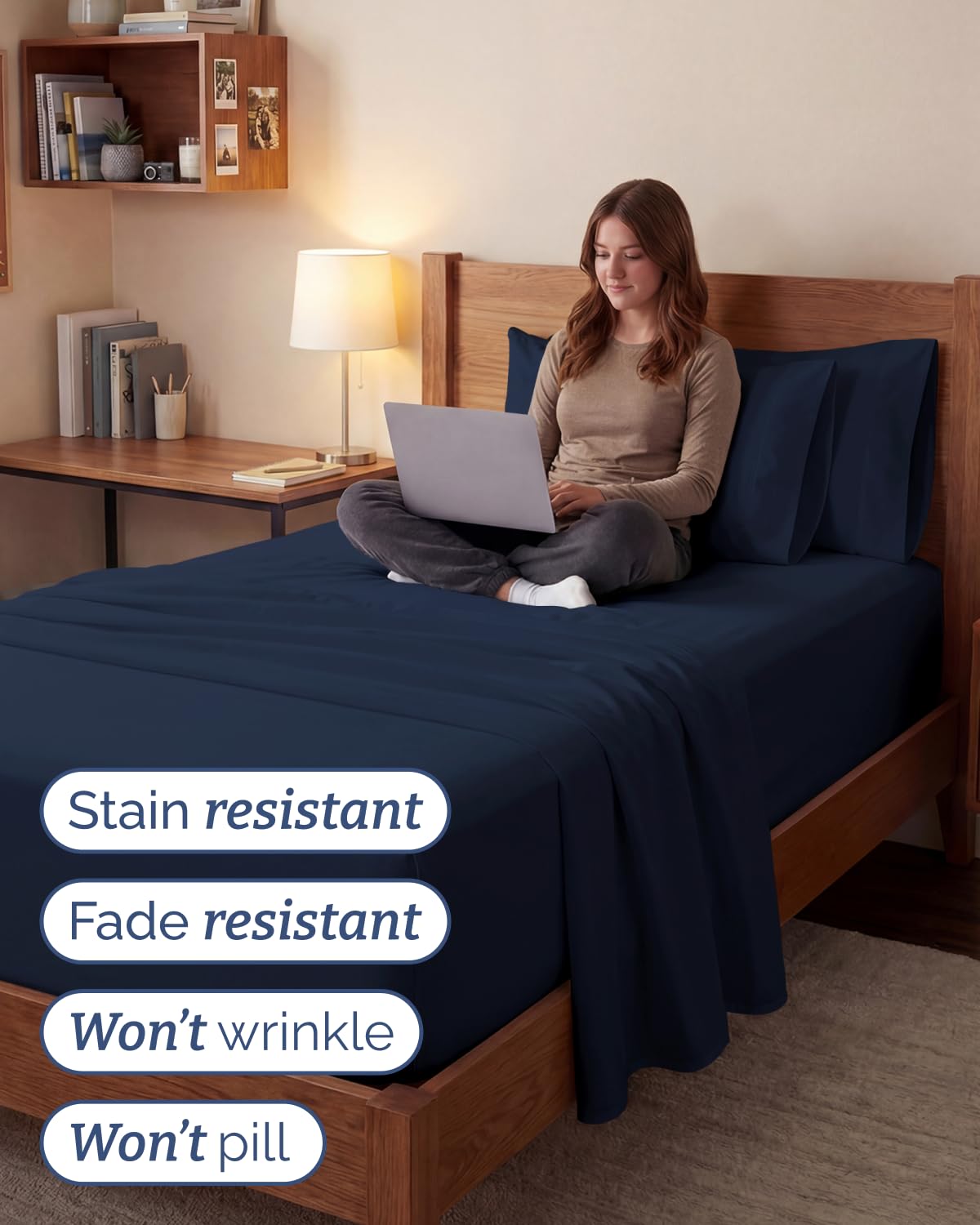 CGK Unlimited sheet set on a dorm bed illustrating easy dorm room styling