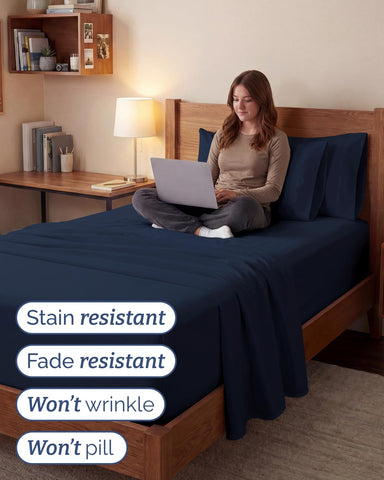 CGK Unlimited sheet set on a dorm bed illustrating easy dorm room styling