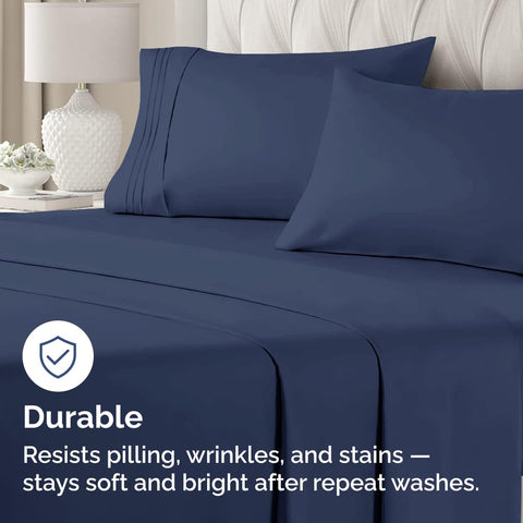 CGK Unlimited king pillows fitted in navy cases on a made bed for neat appearance