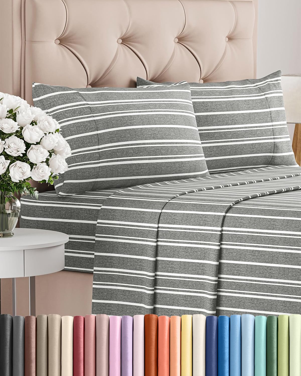 CGK Unlimited front view of grey striped sheet set showcases modern look and easy styling