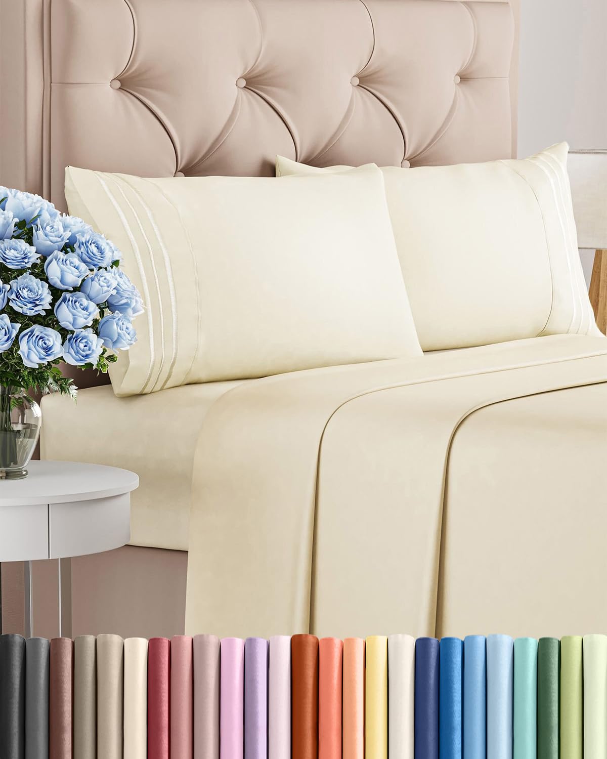 CGK Unlimited front view of queen sheet set packaging showing off-white color and contents