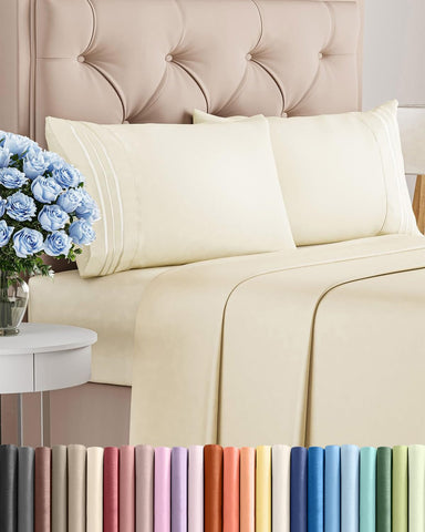 CGK Unlimited front view of queen sheet set packaging showing off-white color and contents