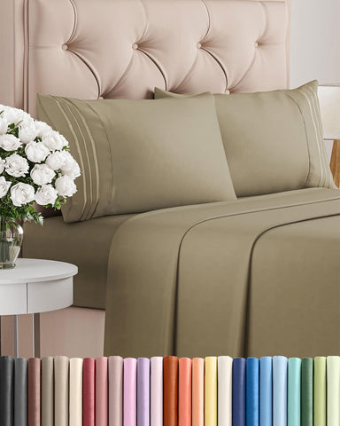 CGK Unlimited front packaging showing khaki queen sheet set benefit of complete four-piece set