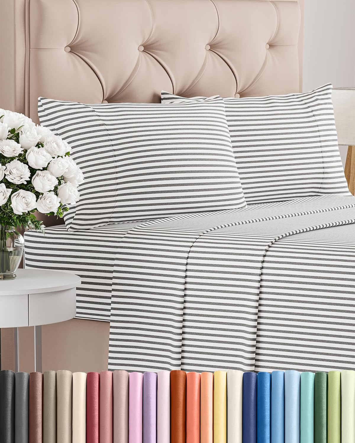 CGK Unlimited queen sheet set front view showing grey stripes and packaging benefit: easy selection