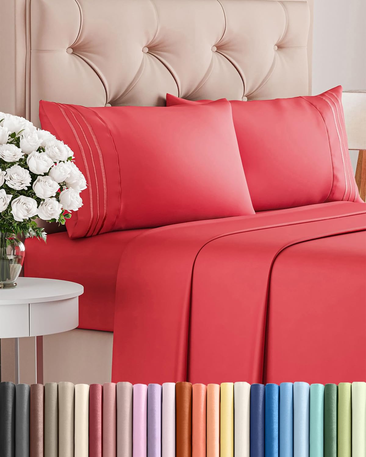 CGK Unlimited red flat sheet displayed on bed for smooth coverage and comfort