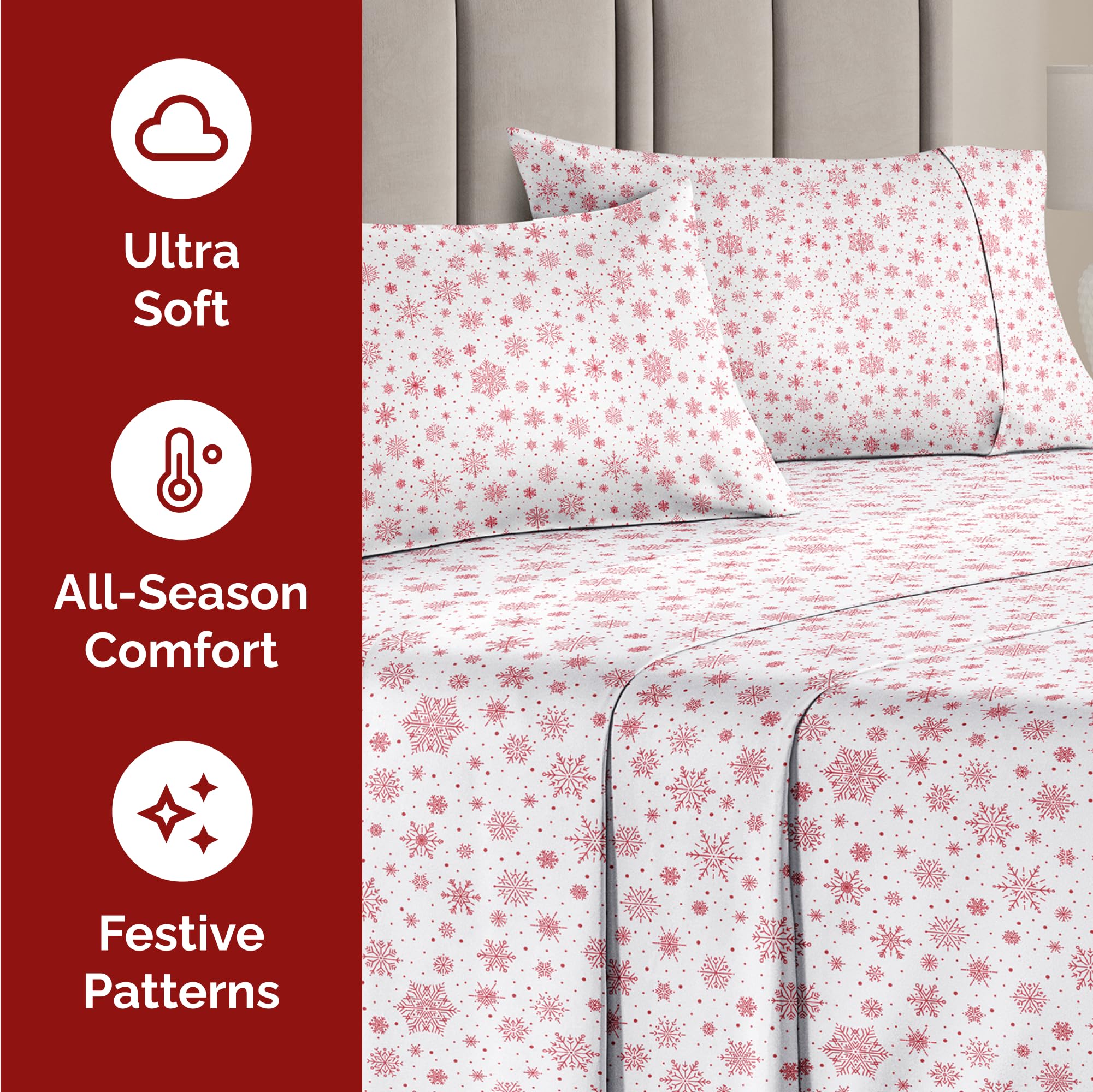 CGK Unlimited flat sheet spread across bed demonstrating full coverage and festive look
