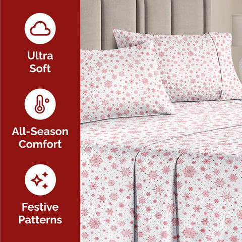 CGK Unlimited flat sheet spread across bed demonstrating full coverage and festive look