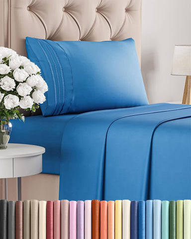 CGK Unlimited front view of royal blue sheet set showing neat packaging and color appeal