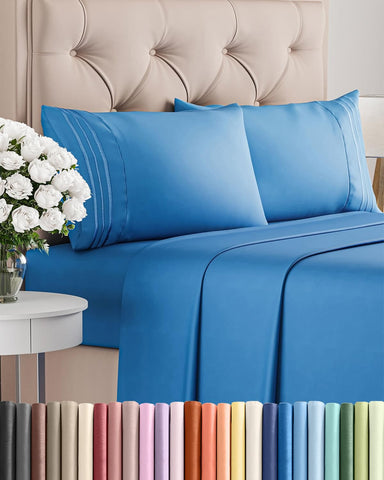 CGK Unlimited front view of royal blue full sheet set shows complete pieces and color
