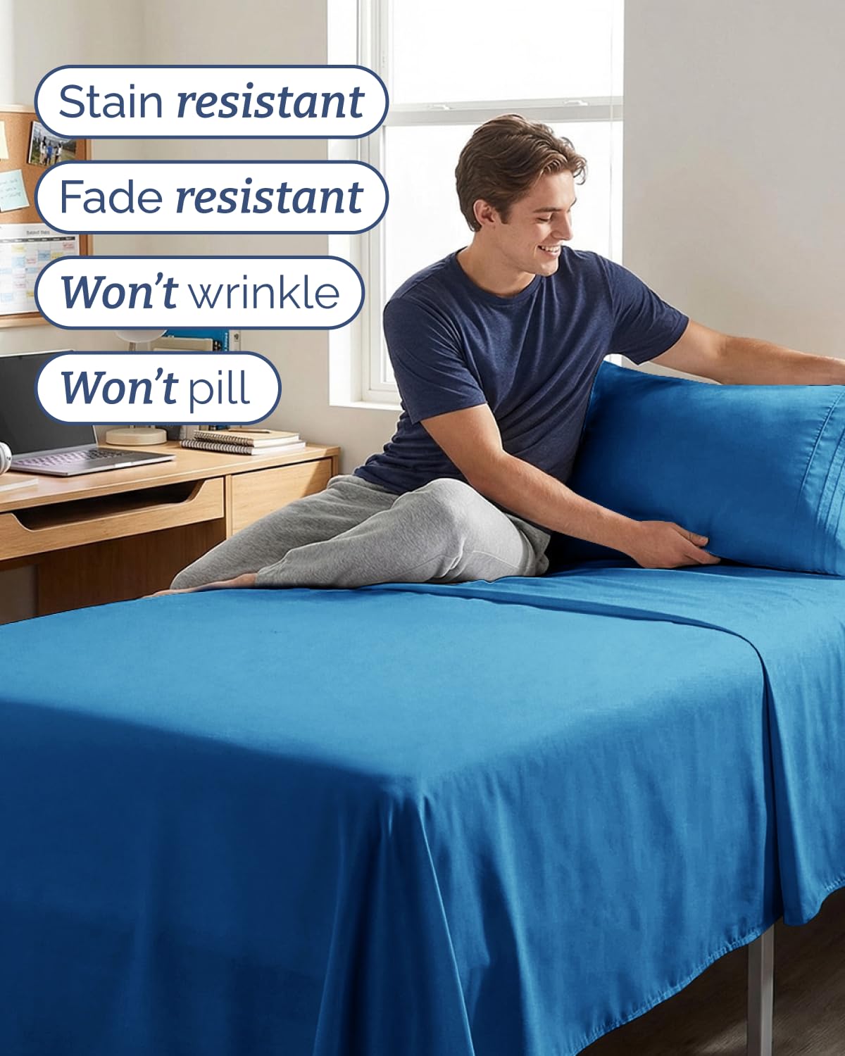 CGK Unlimited royal blue sheets arranged on a dorm bed showing cozy, home-like comfort