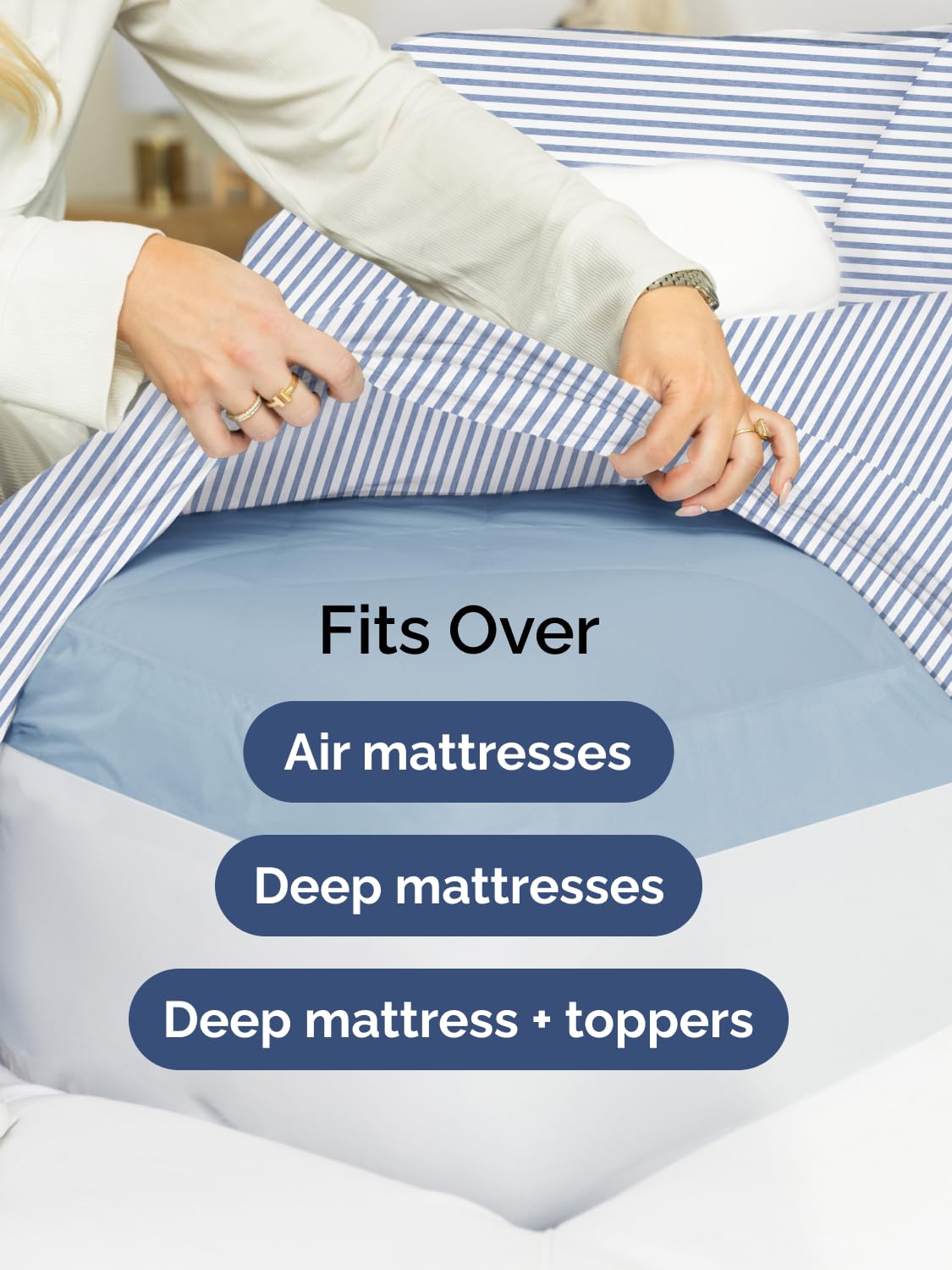 CGK Unlimited sheet set fitted over mattress with topper showing reliable fit for tall mattresses