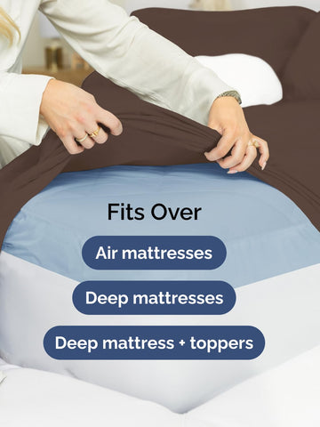 CGK Unlimited sheet on mattress with topper illustrating reliable fit over thick pad