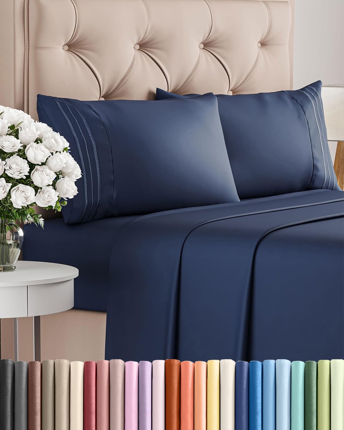 CGK Unlimited navy sheet set front packaging showing contents and color benefit