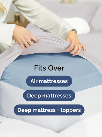 CGK Unlimited sheets on mattress with topper demonstrating compatibility and staying power