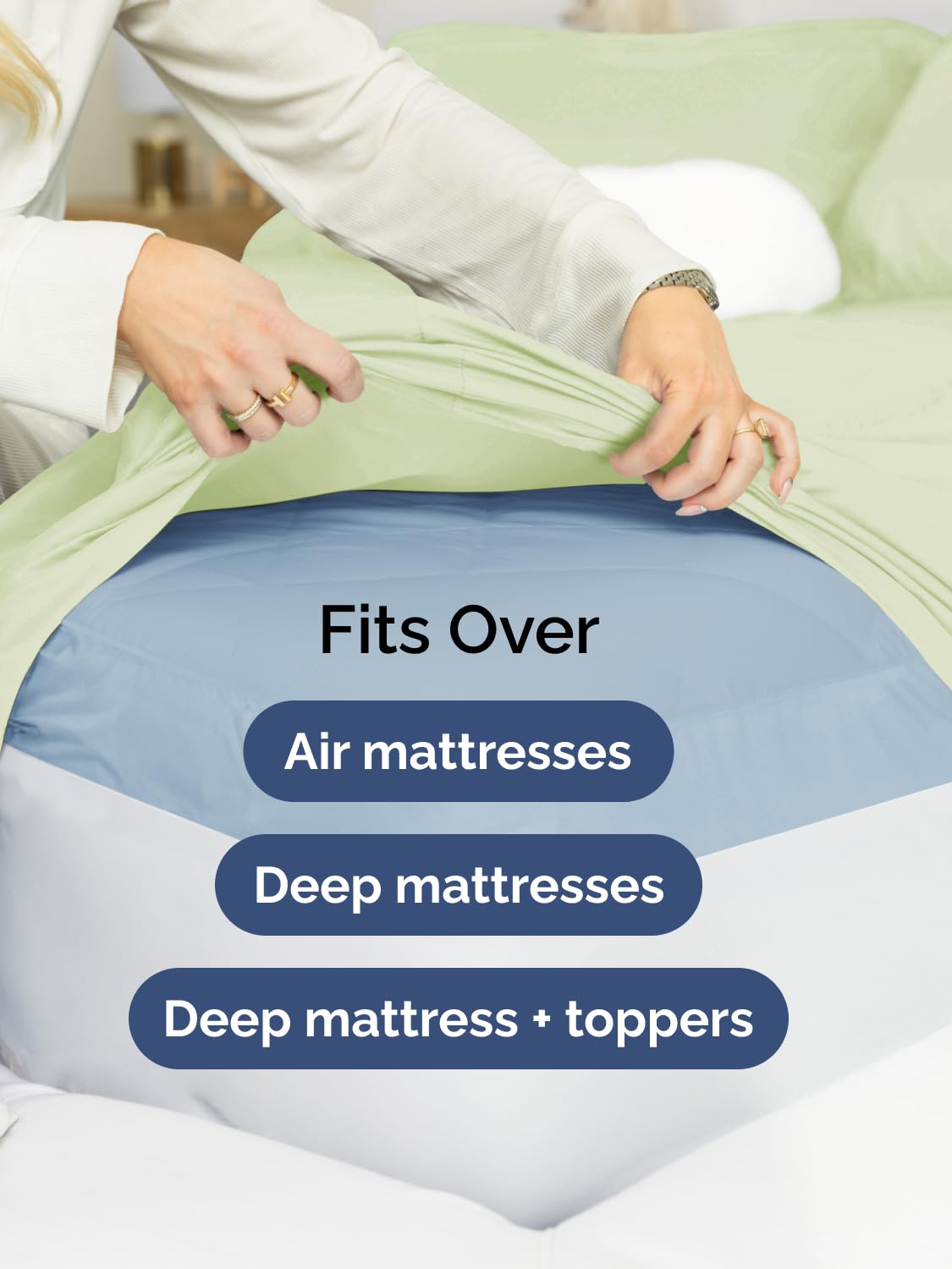 CGK Unlimited sheet set on pillow-top mattress showing stable fit over toppers benefit