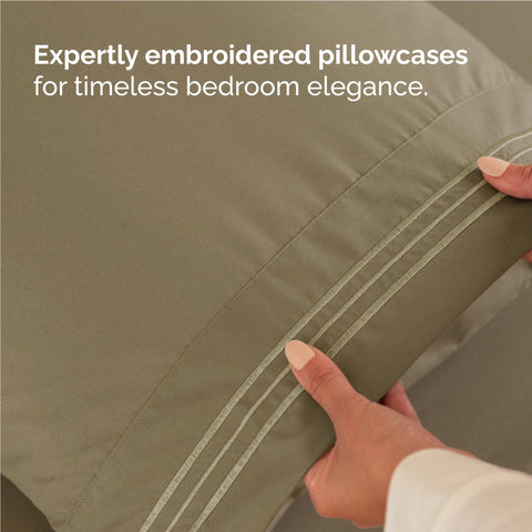 CGK Unlimited styled bedroom with khaki sheets demonstrating neutral elegance