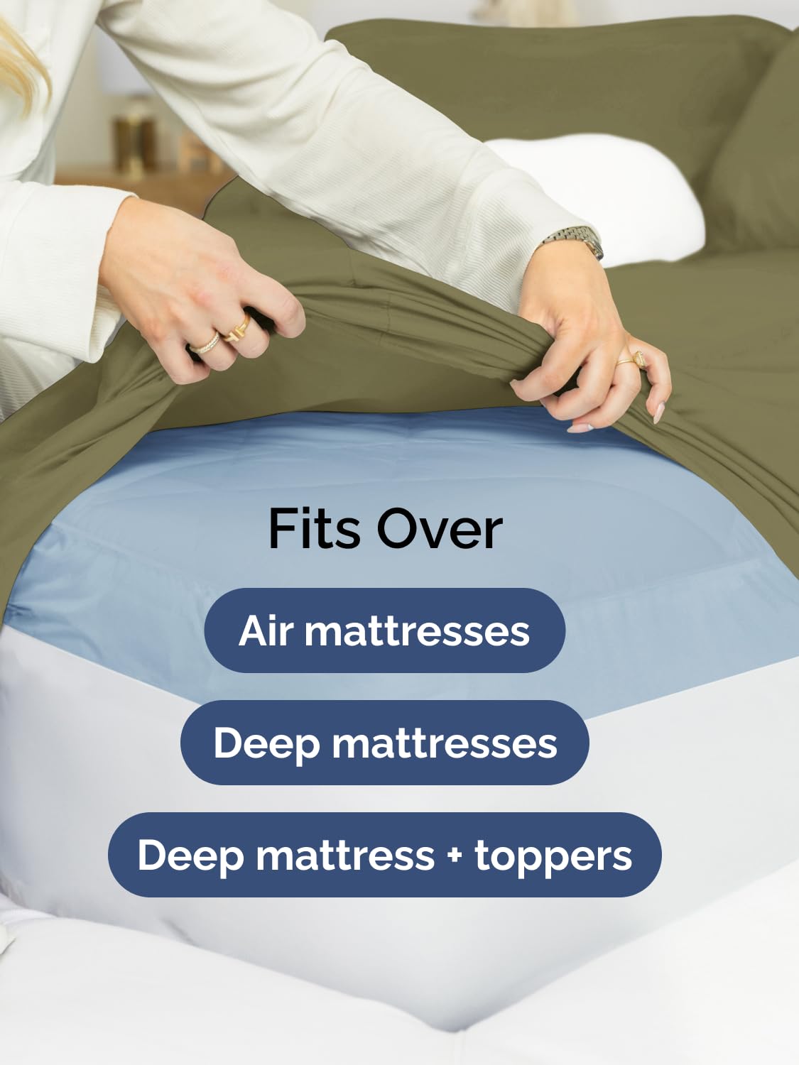 CGK Unlimited sheets fitted on mattress with topper demonstrating compatibility and hold