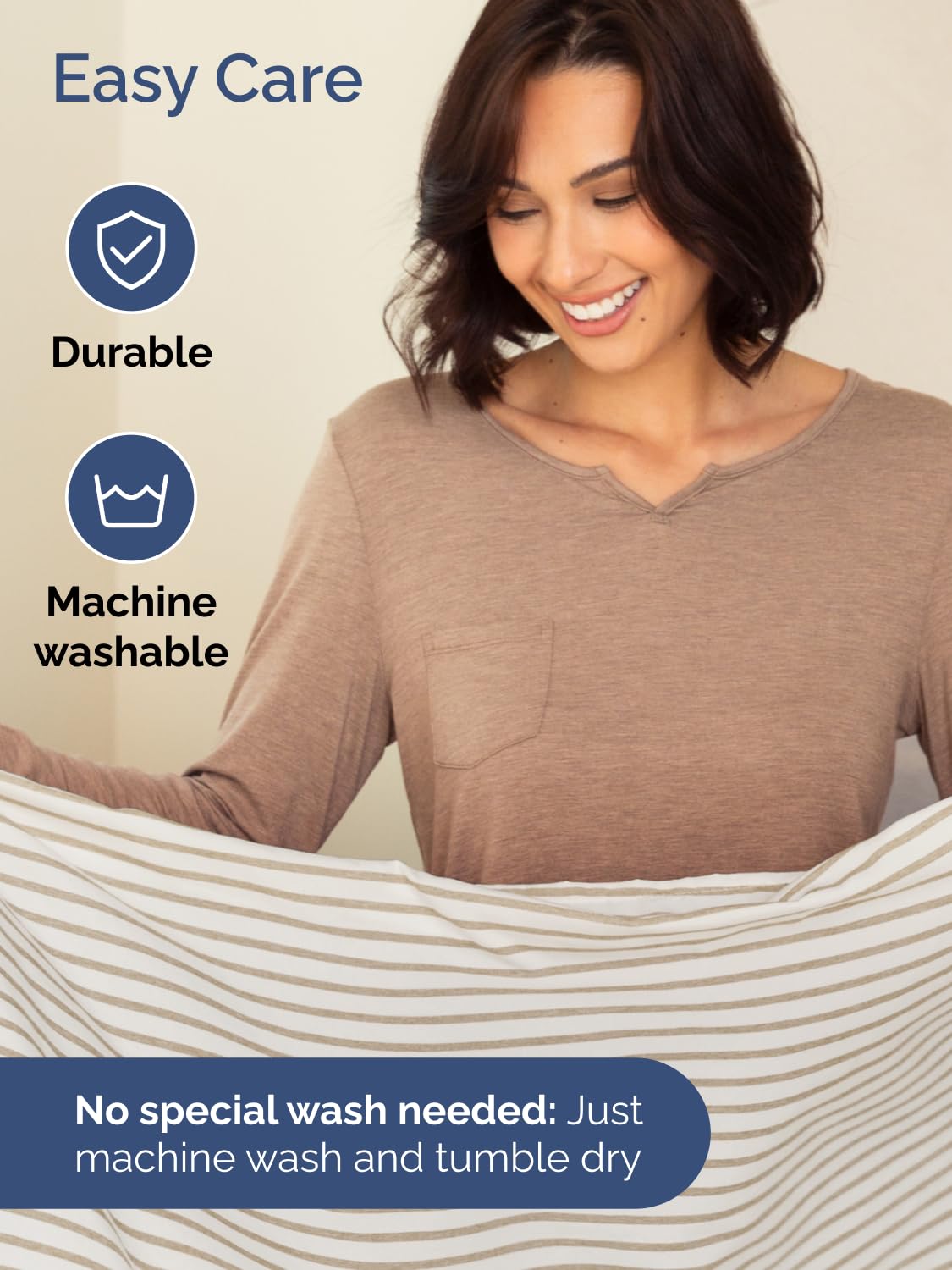CGK Unlimited mattress depth demo showing fitted sheet stretched over tall mattress, stays in place