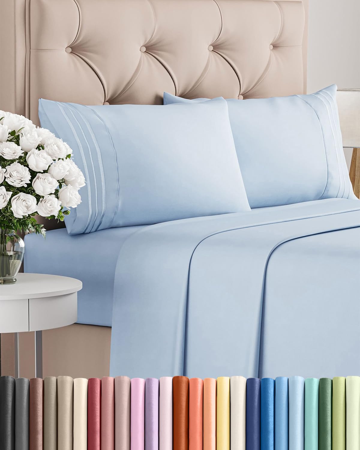 CGK Unlimited front view of sky blue sheet set showing neat packaging and color benefit