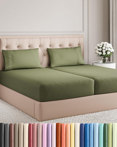 CGK Unlimited front view of sage green split king sheet set showing neat styling and comfort
