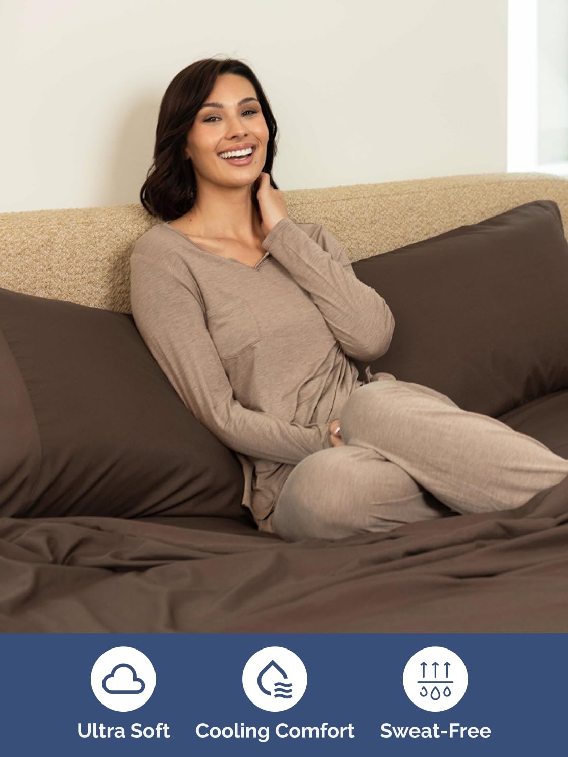 CGK Unlimited styled queen bed in brown showing smooth, tucked sheets and polished look