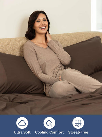 CGK Unlimited styled queen bed in brown showing smooth, tucked sheets and polished look