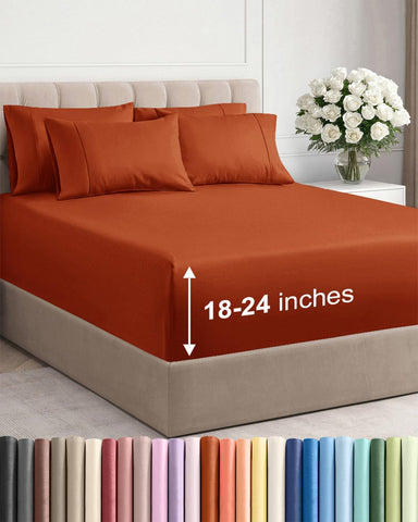 CGK Unlimited terracotta flat and fitted sheets on queen bed showing neat fit