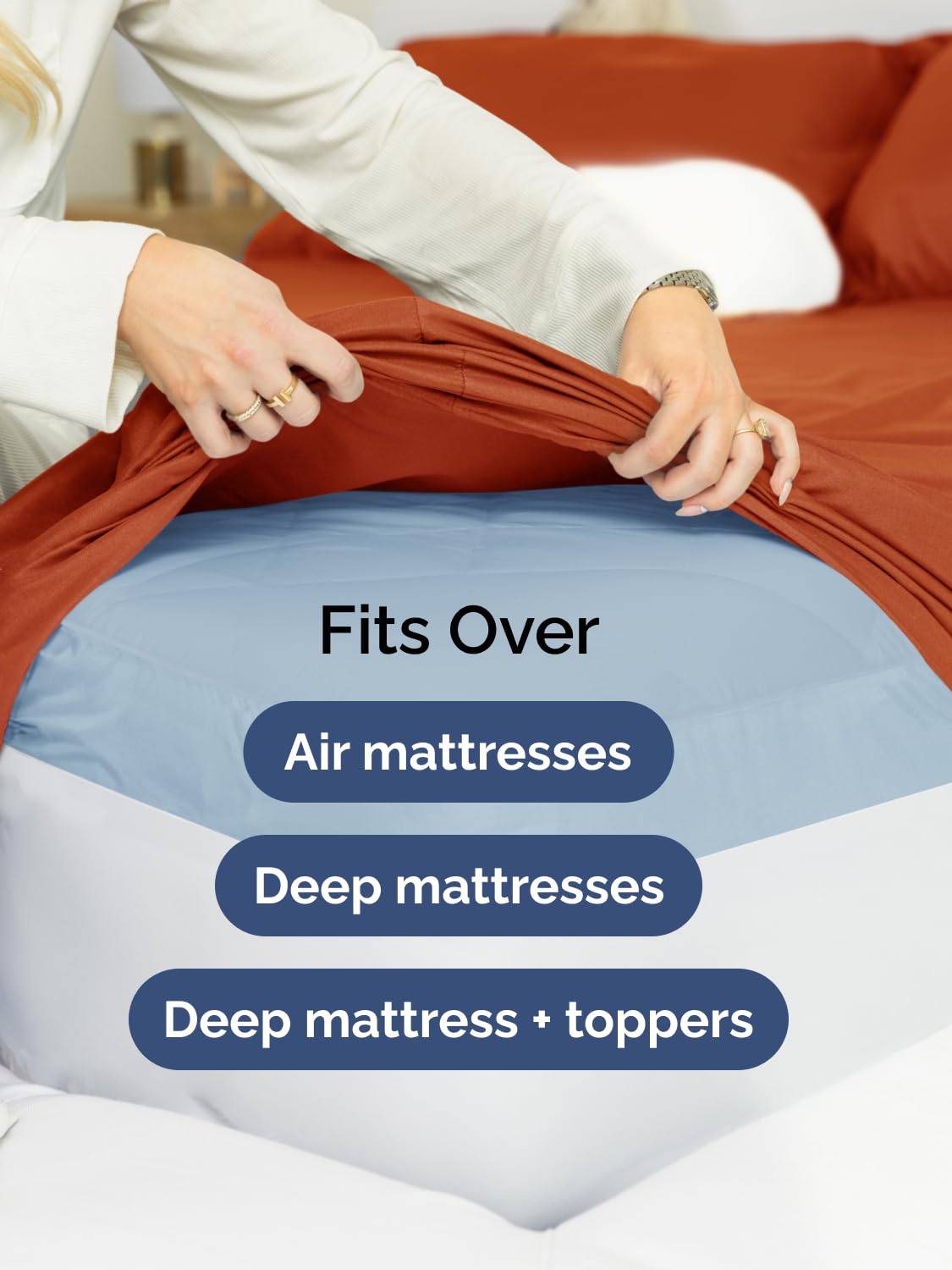 CGK Unlimited sheets fitted over mattress with topper demonstrating deep fit