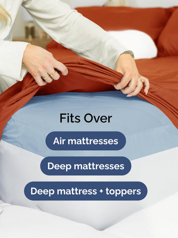 CGK Unlimited sheets fitted over mattress with topper demonstrating deep fit