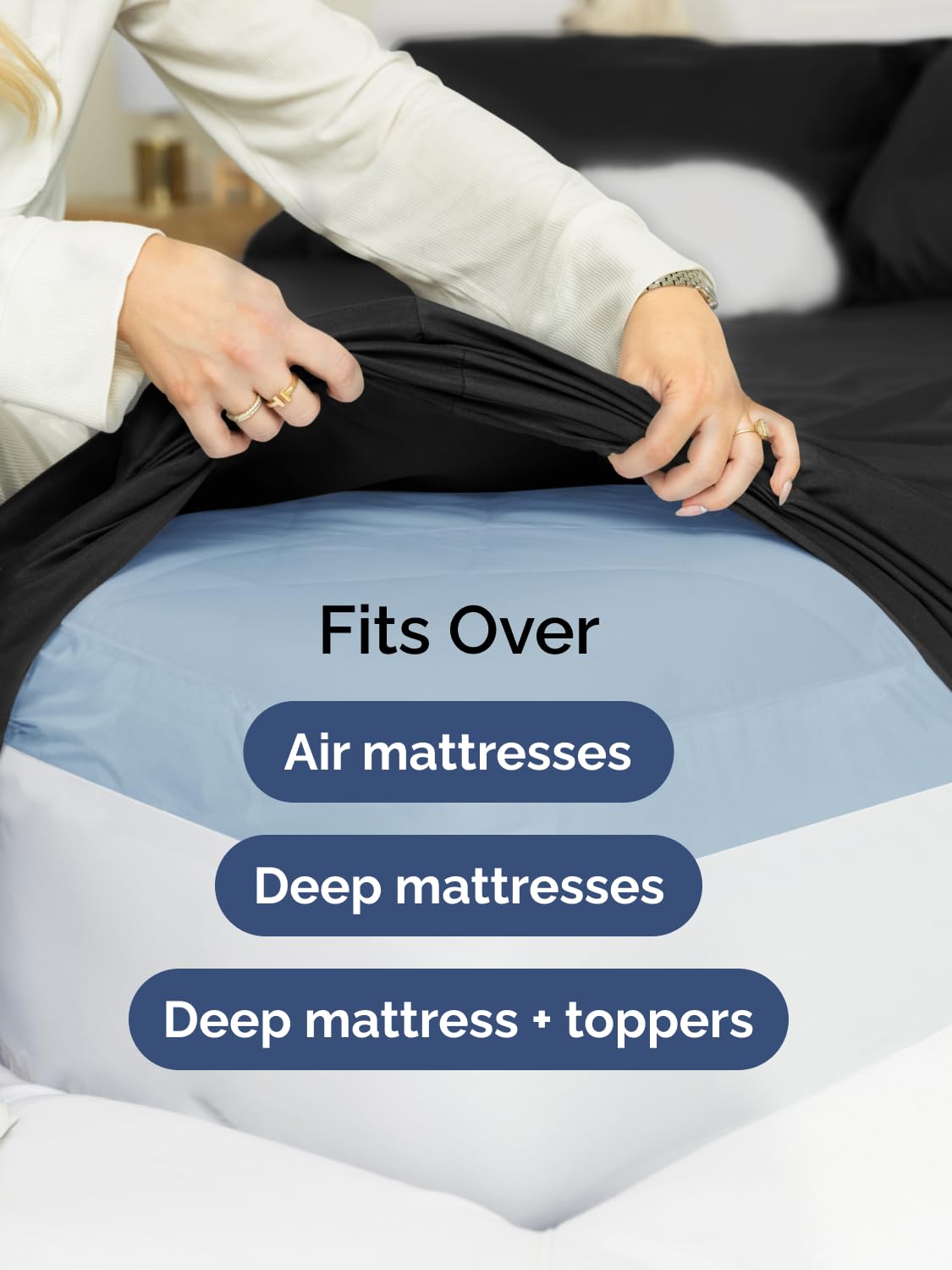 CGK Unlimited fitted sheet on mattress with topper demonstrating snug hold