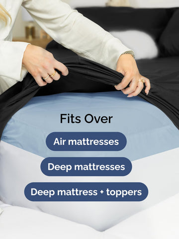 CGK Unlimited fitted sheet on mattress with topper demonstrating snug hold