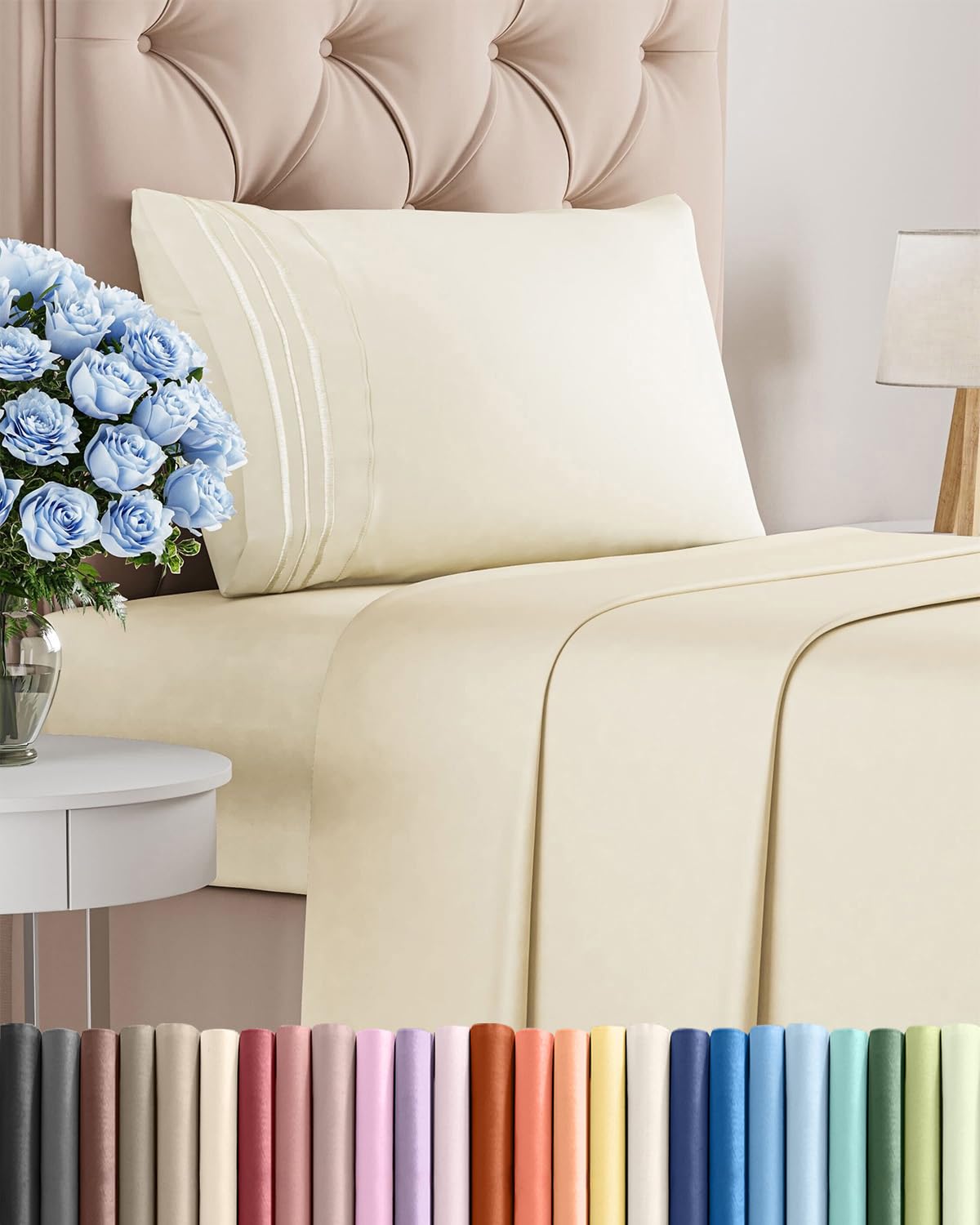 CGK Unlimited front packaging showing off-white twin sheet set and brand
