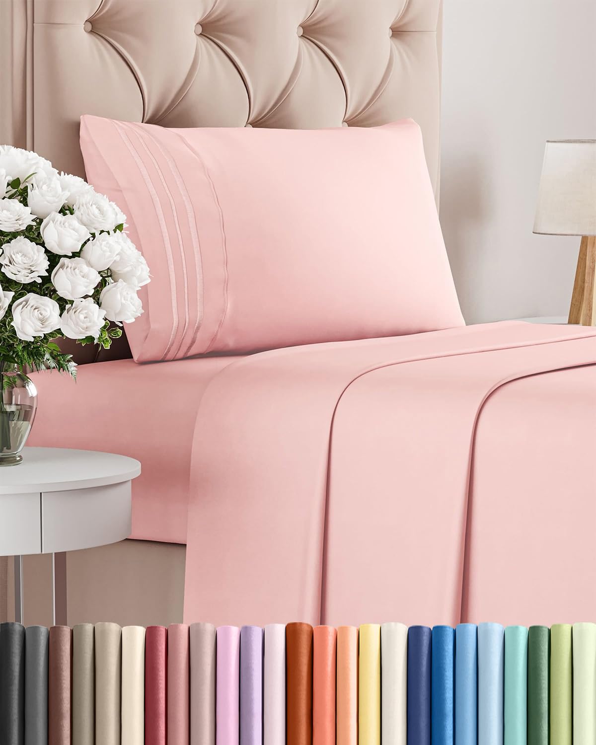 CGK Unlimited front view of baby pink twin sheet set showing packaging and color