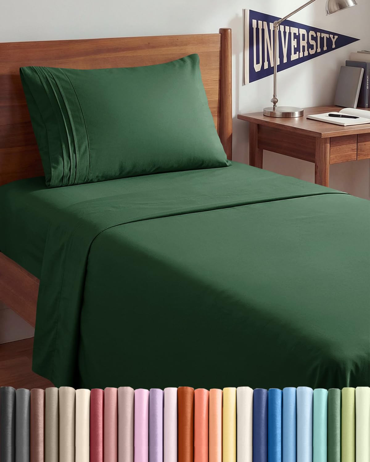 CGK Unlimited front packaging of Twin XL emerald green sheet set showing contents and color