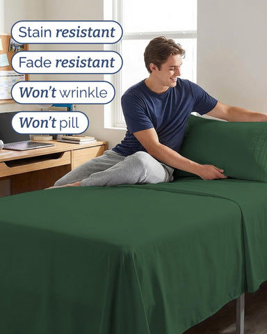 CGK Unlimited sheets styled on a dorm bed demonstrating cozy, space-saving setup