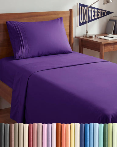 CGK Unlimited front view of purple Twin XL sheet set showing fit and color benefits