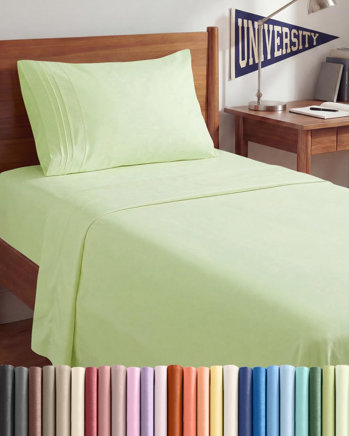 CGK Unlimited front view of light sage Twin XL set shows neat presentation and coordinating color