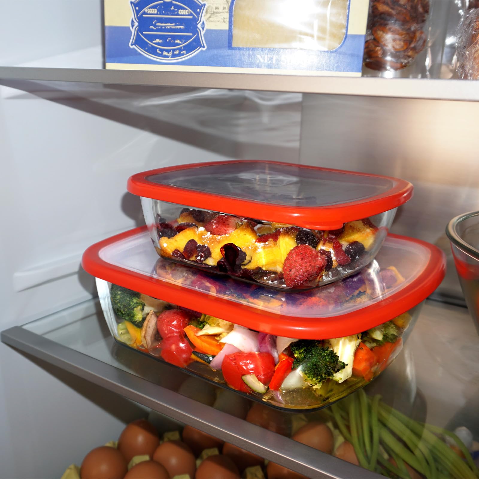CGNWEEPS stacked in fridge showing space-saving freezer and fridge storage