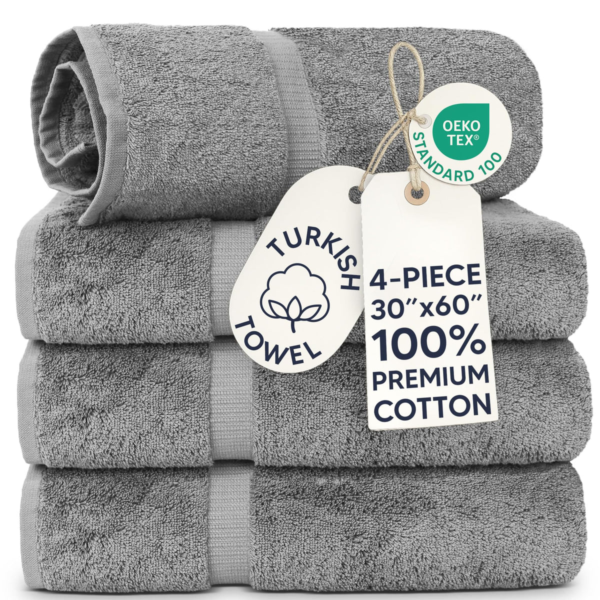 Chakir Turkish Linens folded 4-pack gray towels showing plush storage benefit