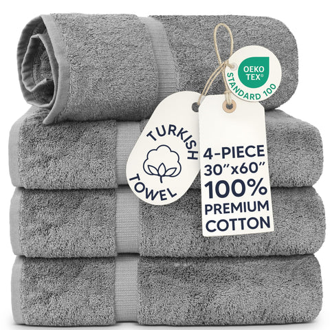 Chakir Turkish Linens folded 4-pack gray towels showing plush storage benefit