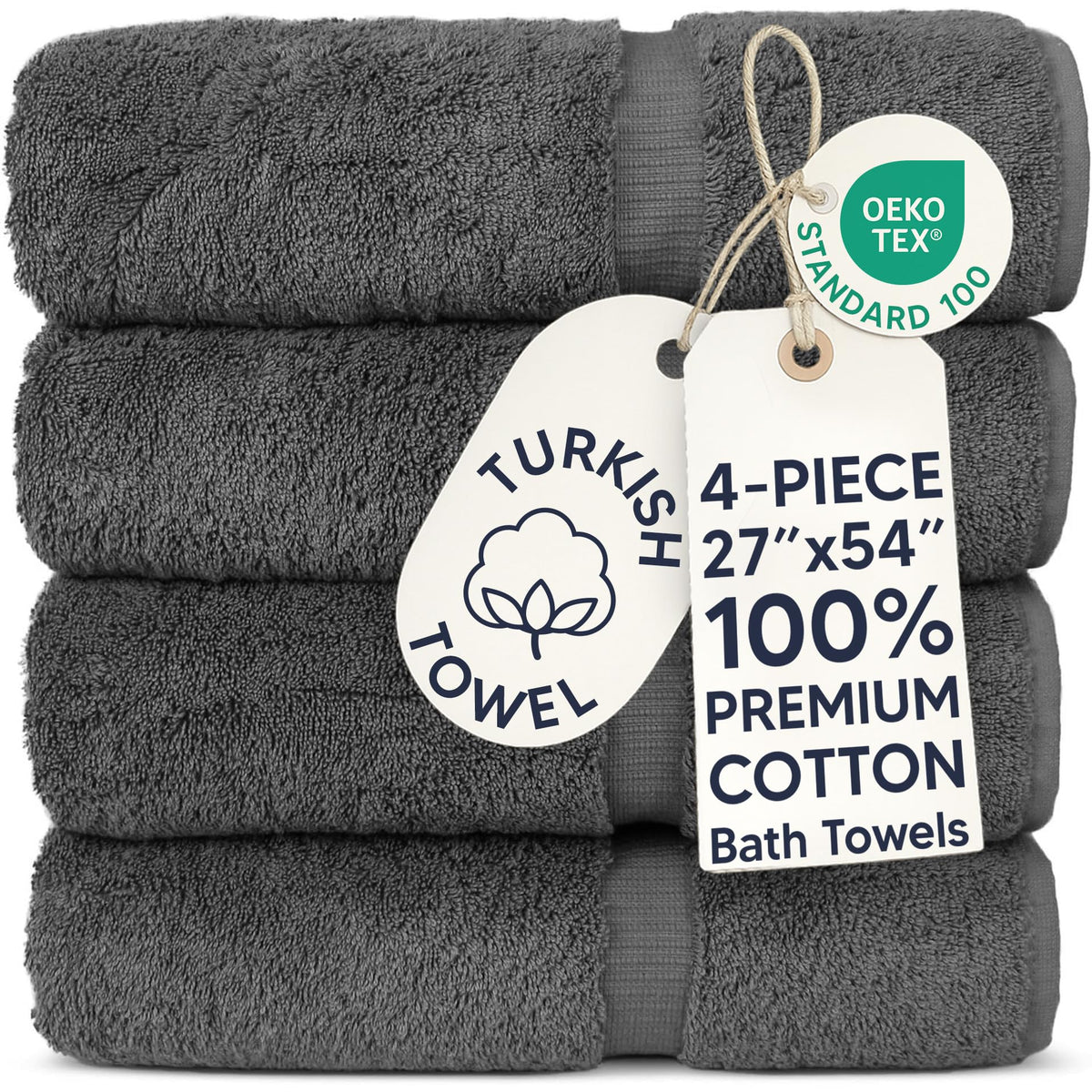 Chakir Turkish Linens front view of four dark gray towels, shows coordinated set and value