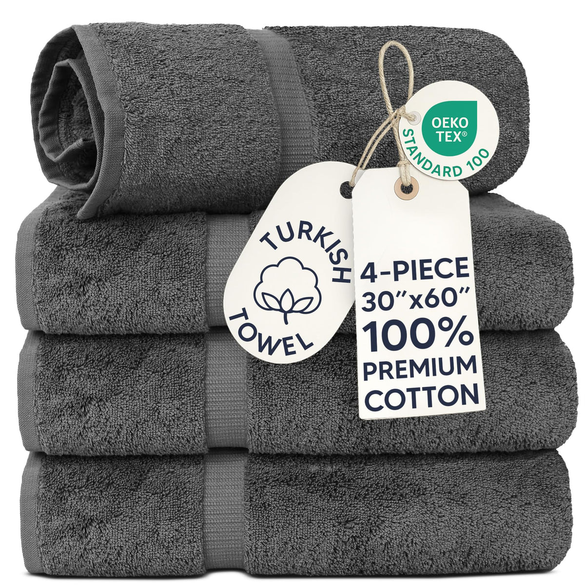 Chakir Turkish Linens front view of four dark gray towels showing size and neat fold benefit