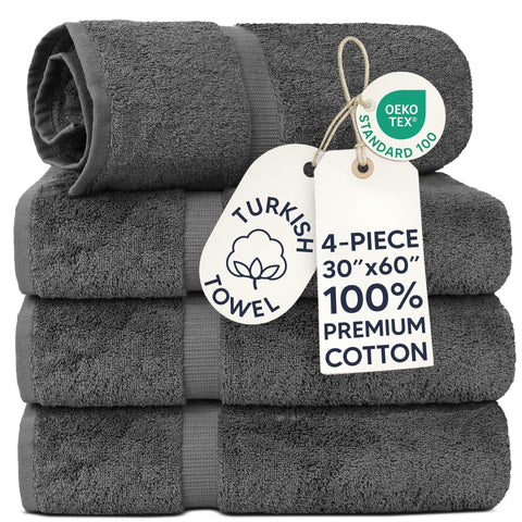 Chakir Turkish Linens front view of four dark gray towels showing size and neat fold benefit