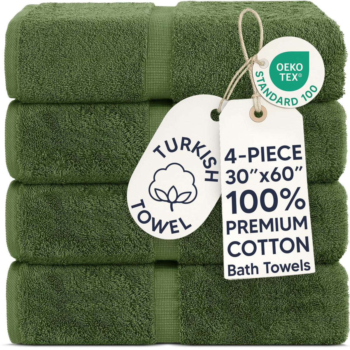 Chakir Turkish Linens front packaging moss showing plush 30x60 towel and neat banded border
