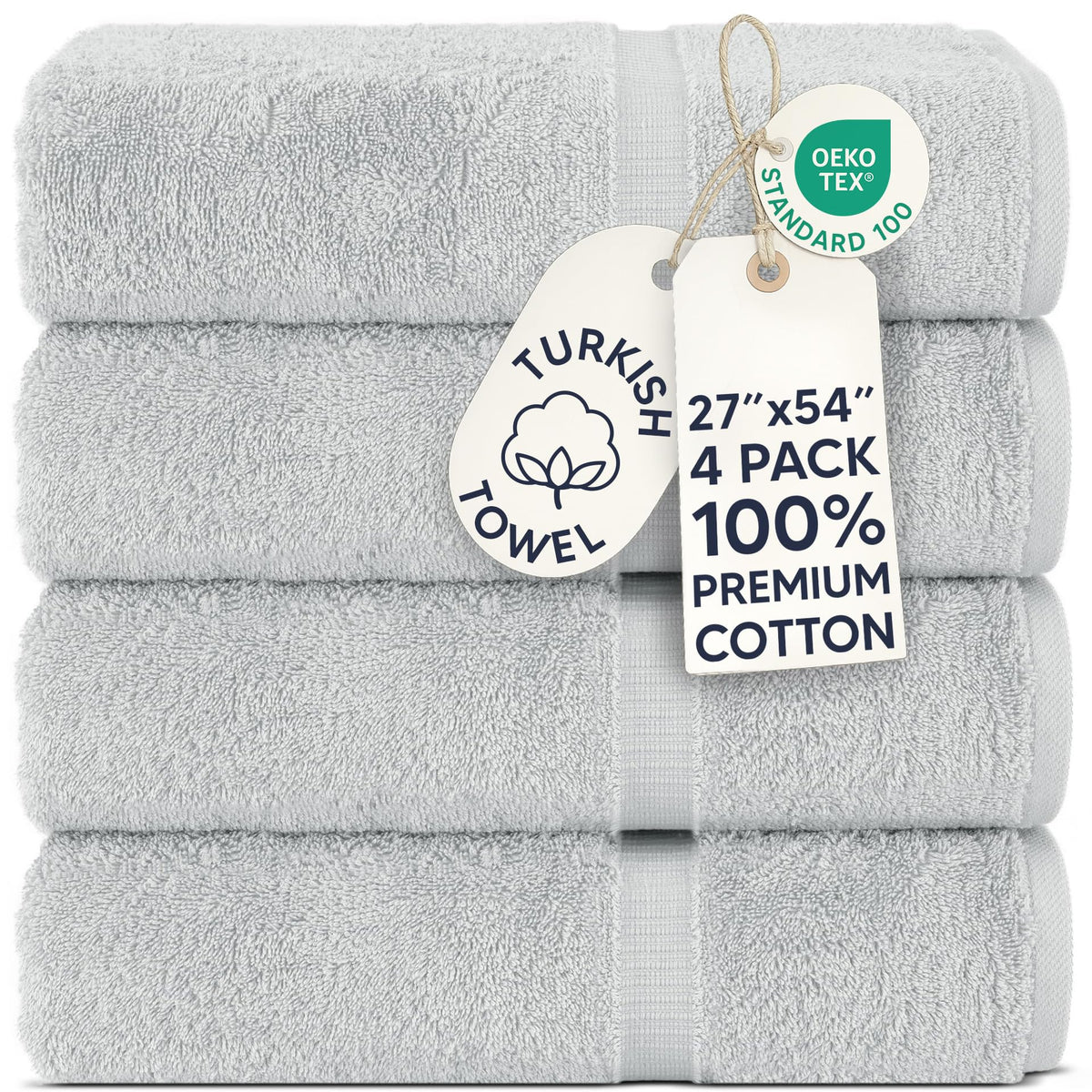 Chakir Turkish Linens front packaging in silver gray showing 4 towels and neat banded border