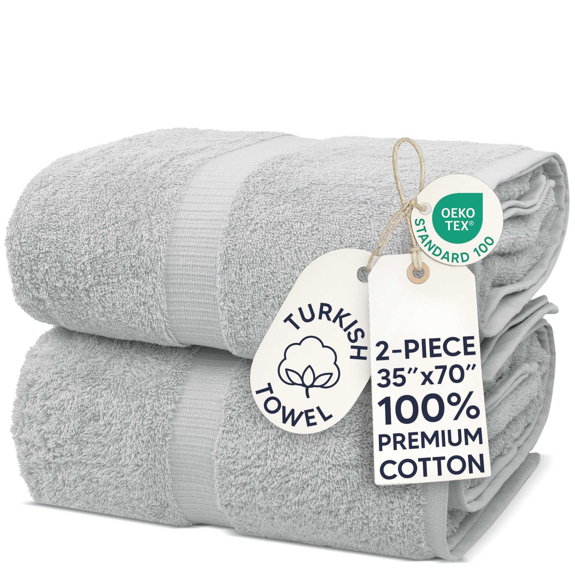 Chakir Turkish Linens front packaging showing two silver gray bath sheets, gift-ready